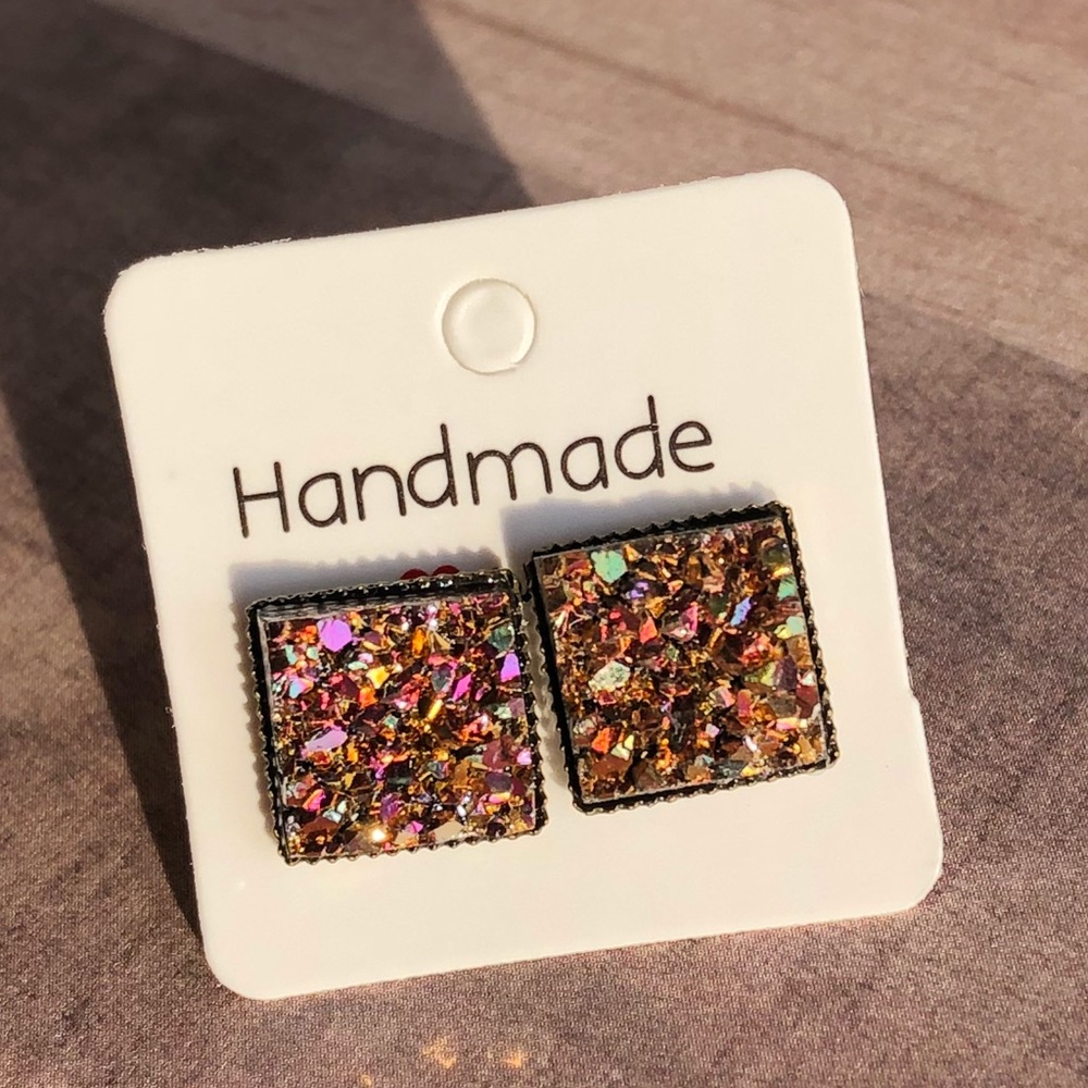 Copper Magenta Chunky Druzy Square Bronze Earrings - Picture 7 of 11